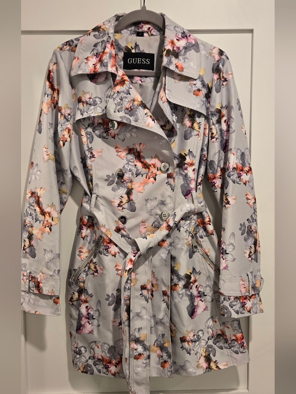 Womens GUESS Floral Print Double Breasted Belted Trench Coat Medium